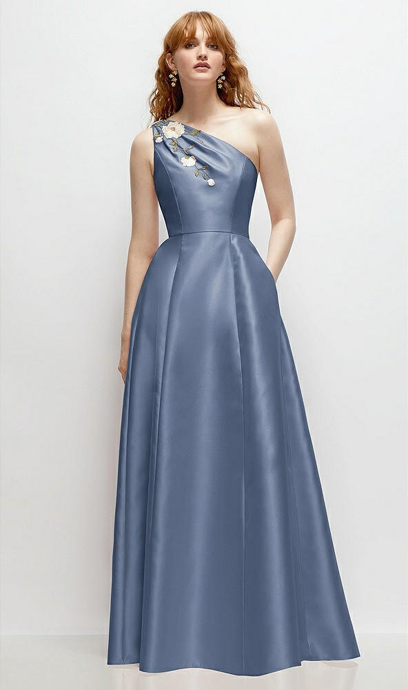 Front View - Larkspur Blue One-Shoulder Full A-Line Satin Gown with Handworked Floral Appliqué