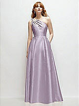 Front View Thumbnail - Lilac Haze One-Shoulder Full A-Line Satin Gown with Handworked Floral Appliqué