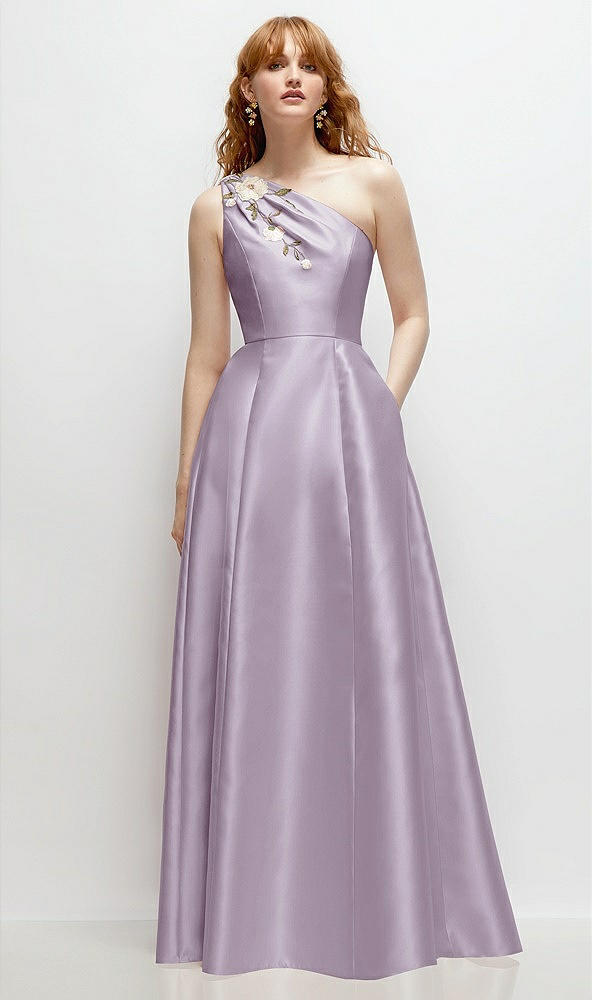 Front View - Lilac Haze One-Shoulder Full A-Line Satin Gown with Handworked Floral Appliqué