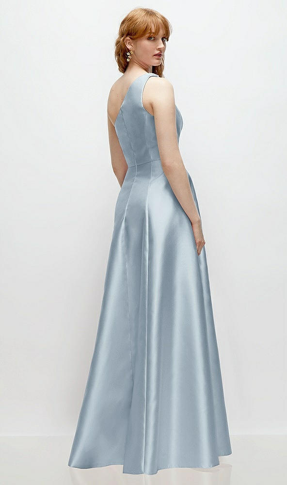 Back View - Mist One-Shoulder Full A-Line Satin Gown with Handworked Floral Appliqué