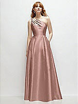 Front View Thumbnail - Neu Nude One-Shoulder Full A-Line Satin Gown with Handworked Floral Appliqué