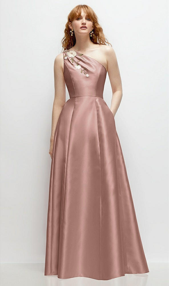 Front View - Neu Nude One-Shoulder Full A-Line Satin Gown with Handworked Floral Appliqué