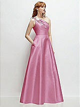 Side View Thumbnail - Powder Pink One-Shoulder Full A-Line Satin Gown with Handworked Floral Appliqué