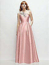 Front View Thumbnail - Rose - PANTONE Rose Quartz One-Shoulder Full A-Line Satin Gown with Handworked Floral Appliqué