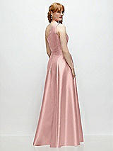 Rear View Thumbnail - Rose - PANTONE Rose Quartz One-Shoulder Full A-Line Satin Gown with Handworked Floral Appliqué