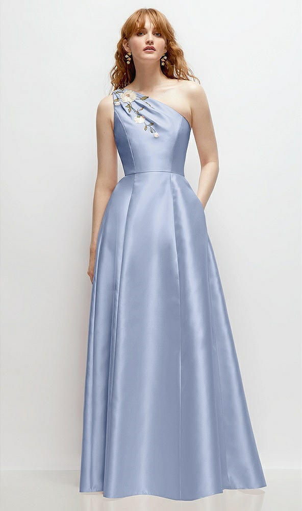 Front View - Sky Blue One-Shoulder Full A-Line Satin Gown with Handworked Floral Appliqué