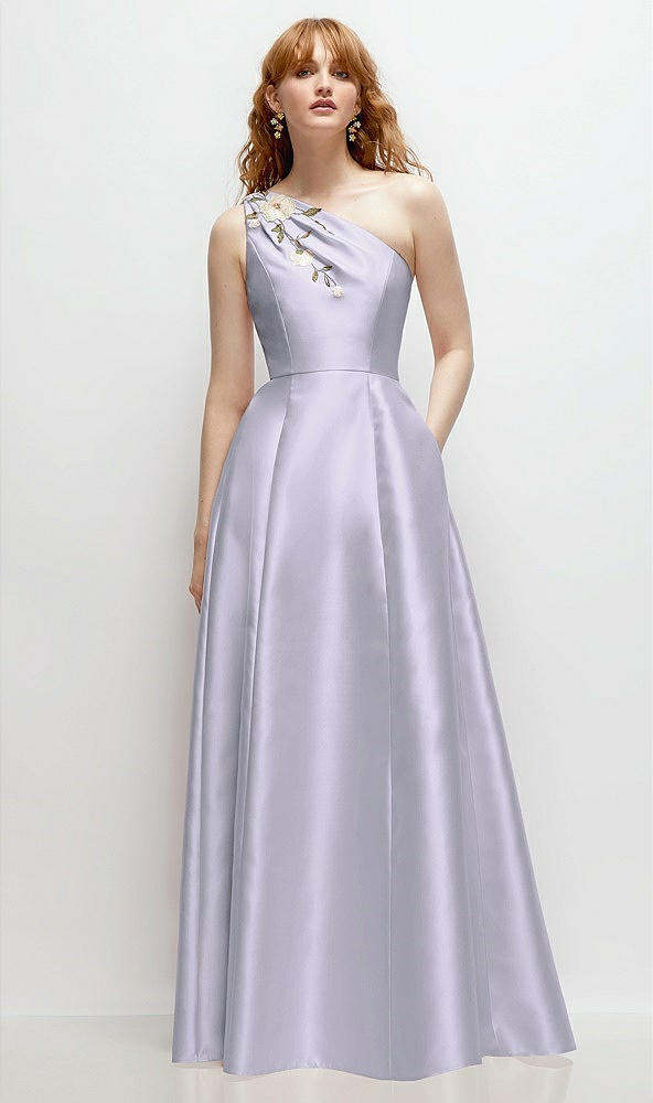 Front View - Silver Dove One-Shoulder Full A-Line Satin Gown with Handworked Floral Appliqué