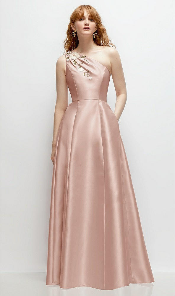 Front View - Toasted Sugar One-Shoulder Full A-Line Satin Gown with Handworked Floral Appliqué