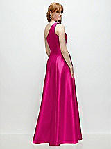 Rear View Thumbnail - Think Pink One-Shoulder Full A-Line Satin Gown with Handworked Floral Appliqué