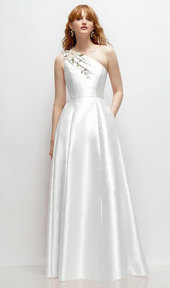 Front View - White One-Shoulder Full A-Line Satin Gown with Handworked Floral Appliqué