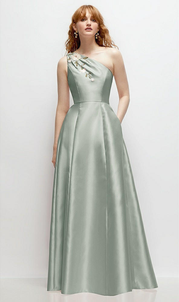 Front View - Willow Green One-Shoulder Full A-Line Satin Gown with Handworked Floral Appliqué