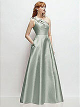 Side View Thumbnail - Willow Green One-Shoulder Full A-Line Satin Gown with Handworked Floral Appliqué