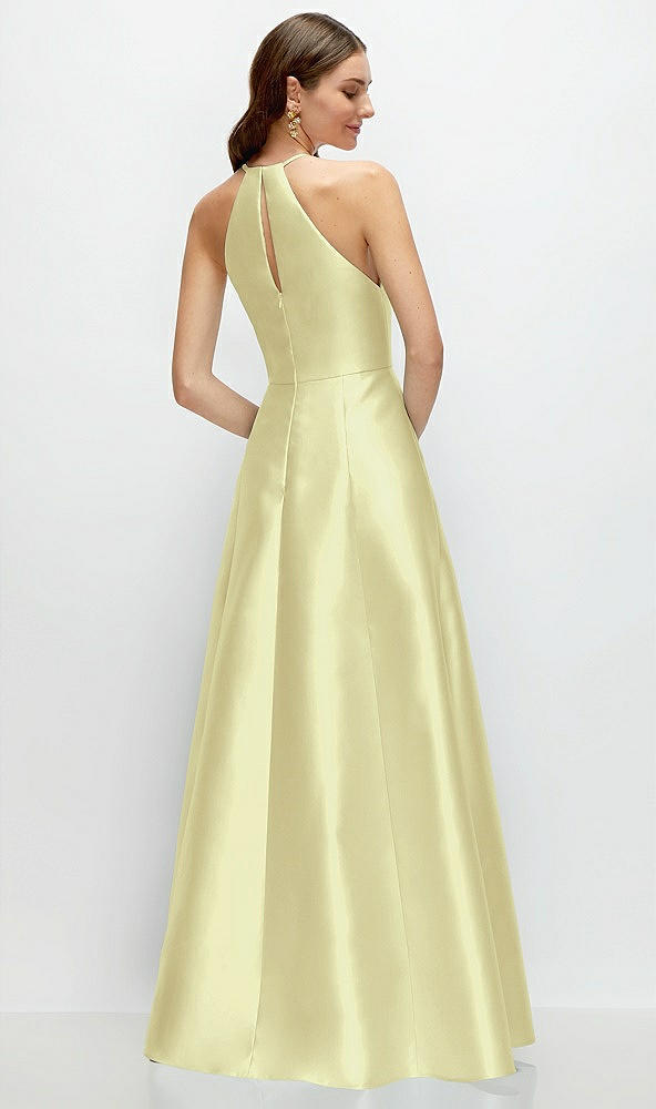 Back View - Butter Yellow Jewel Neck Halter Full A-Line Satin Maxi Dress