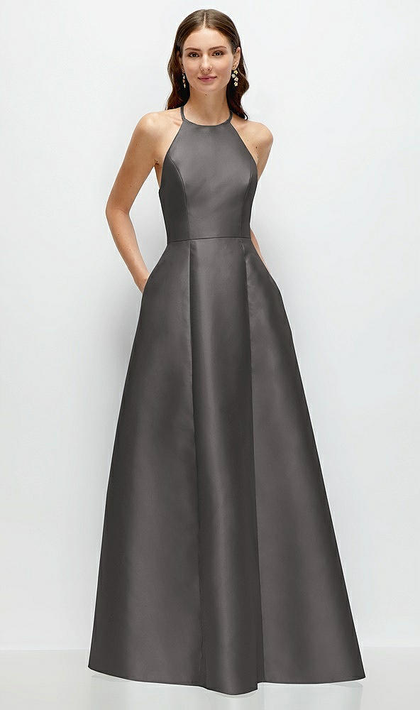 Front View - Caviar Gray Jewel Neck Halter Full A-Line Satin Maxi Dress