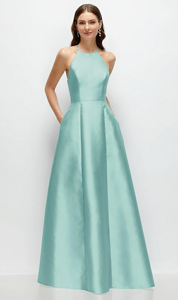 Front View - Coastal Jewel Neck Halter Full A-Line Satin Maxi Dress