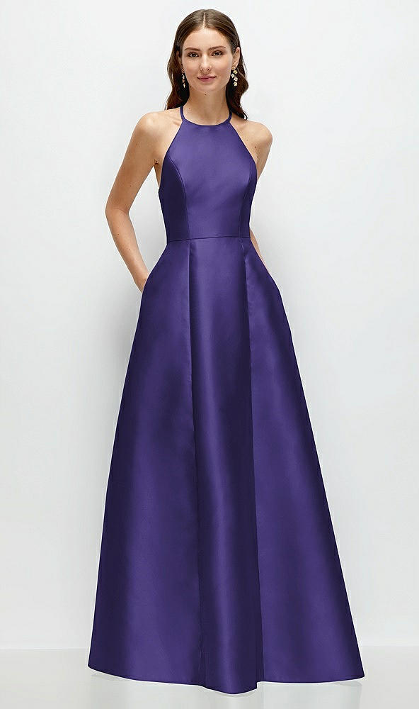 Front View - Grape Jewel Neck Halter Full A-Line Satin Maxi Dress