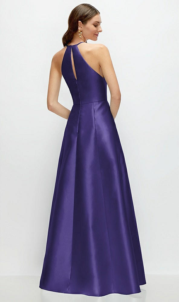 Back View - Grape Jewel Neck Halter Full A-Line Satin Maxi Dress