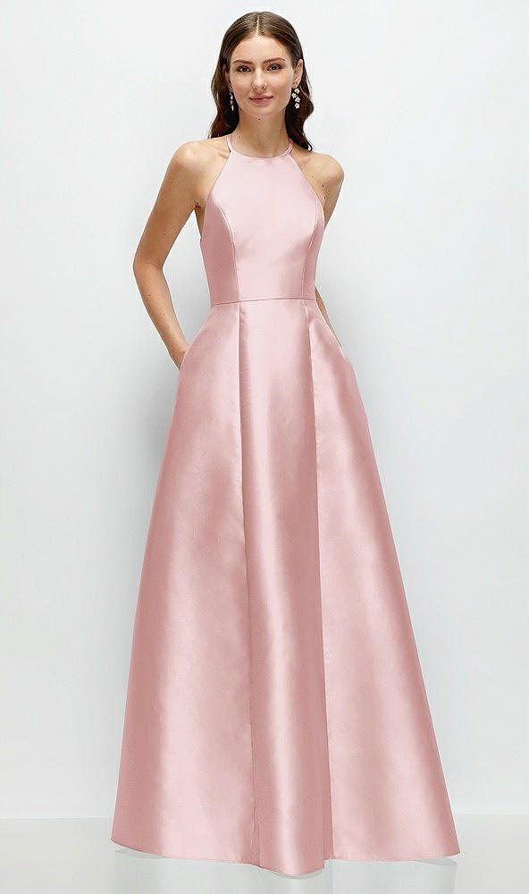 Front View - Ballet Pink Jewel Neck Halter Full A-Line Satin Maxi Dress