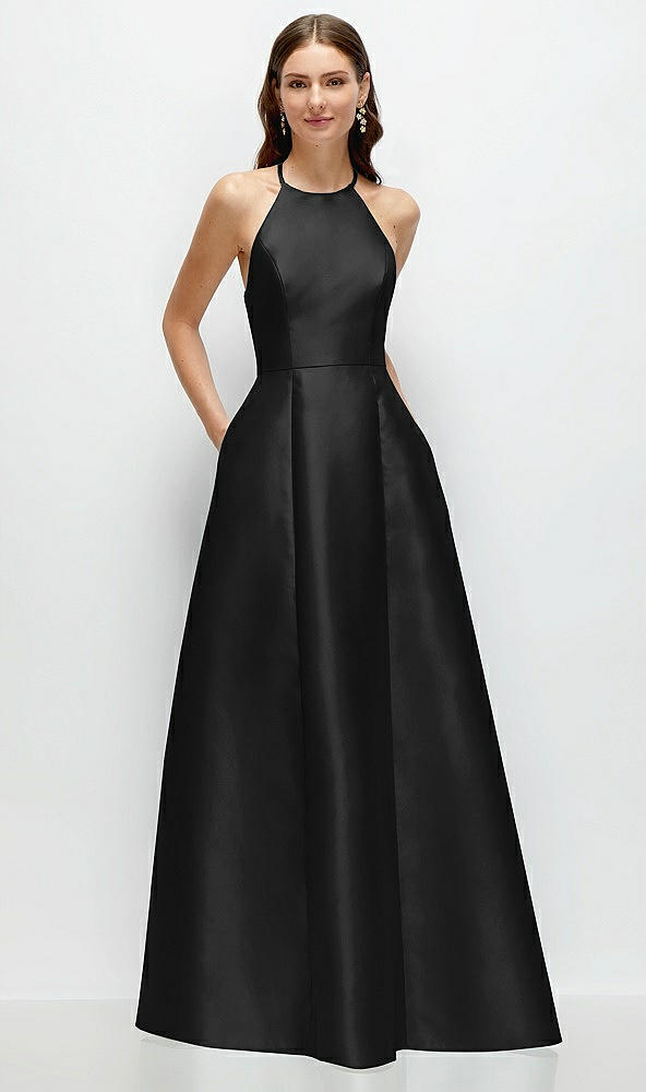 Front View - Black Jewel Neck Halter Full A-Line Satin Maxi Dress