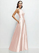 Side View Thumbnail - Blush Jewel Neck Halter Full A-Line Satin Maxi Dress