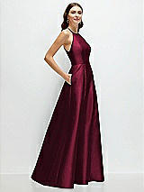 Side View Thumbnail - Cabernet Jewel Neck Halter Full A-Line Satin Maxi Dress