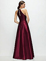 Rear View Thumbnail - Cabernet Jewel Neck Halter Full A-Line Satin Maxi Dress