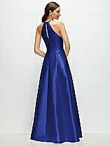 Rear View Thumbnail - Cobalt Blue Jewel Neck Halter Full A-Line Satin Maxi Dress