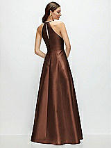 Rear View Thumbnail - Cognac Jewel Neck Halter Full A-Line Satin Maxi Dress