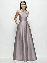 Front View Thumbnail - Cashmere Gray Jewel Neck Halter Full A-Line Satin Maxi Dress