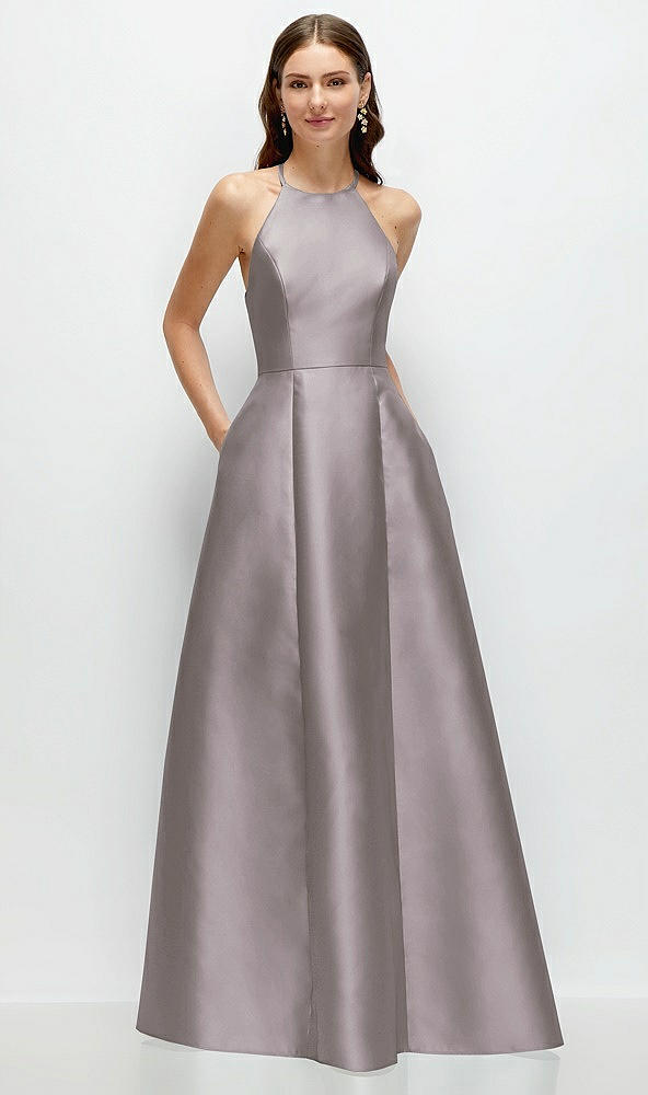 Front View - Cashmere Gray Jewel Neck Halter Full A-Line Satin Maxi Dress