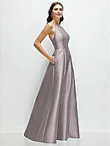 Side View Thumbnail - Cashmere Gray Jewel Neck Halter Full A-Line Satin Maxi Dress