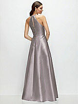 Rear View Thumbnail - Cashmere Gray Jewel Neck Halter Full A-Line Satin Maxi Dress