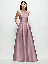 Front View Thumbnail - Dusty Rose Jewel Neck Halter Full A-Line Satin Maxi Dress