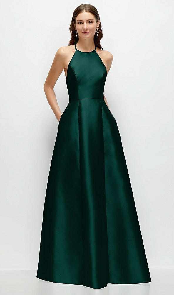 Front View - Evergreen Jewel Neck Halter Full A-Line Satin Maxi Dress