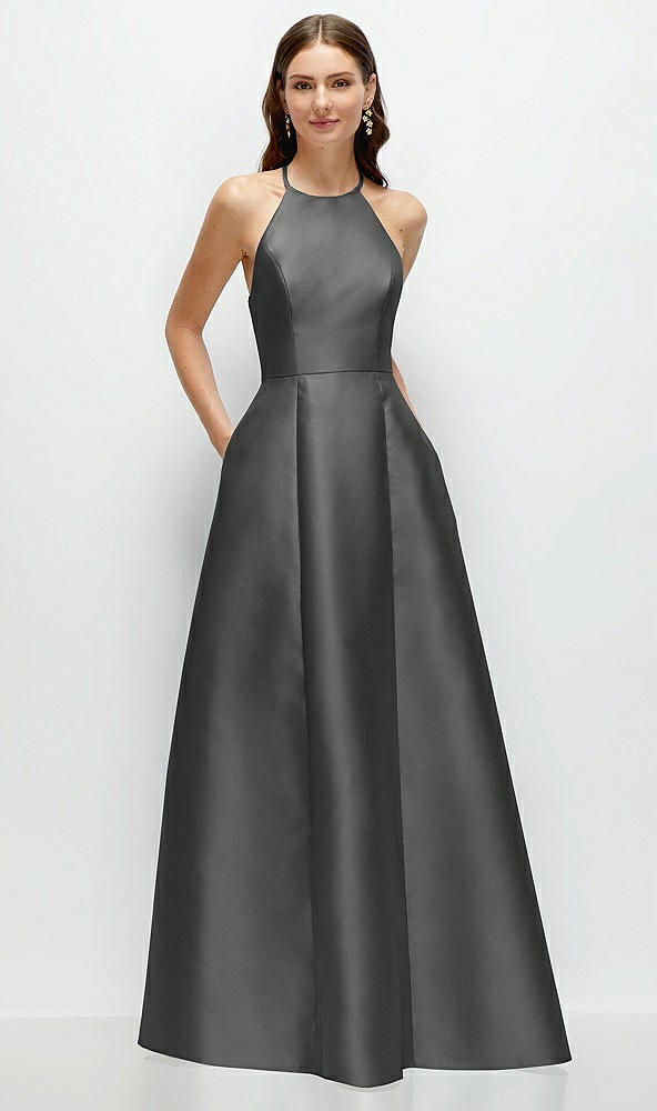 Front View - Gunmetal Jewel Neck Halter Full A-Line Satin Maxi Dress