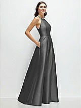 Side View Thumbnail - Gunmetal Jewel Neck Halter Full A-Line Satin Maxi Dress