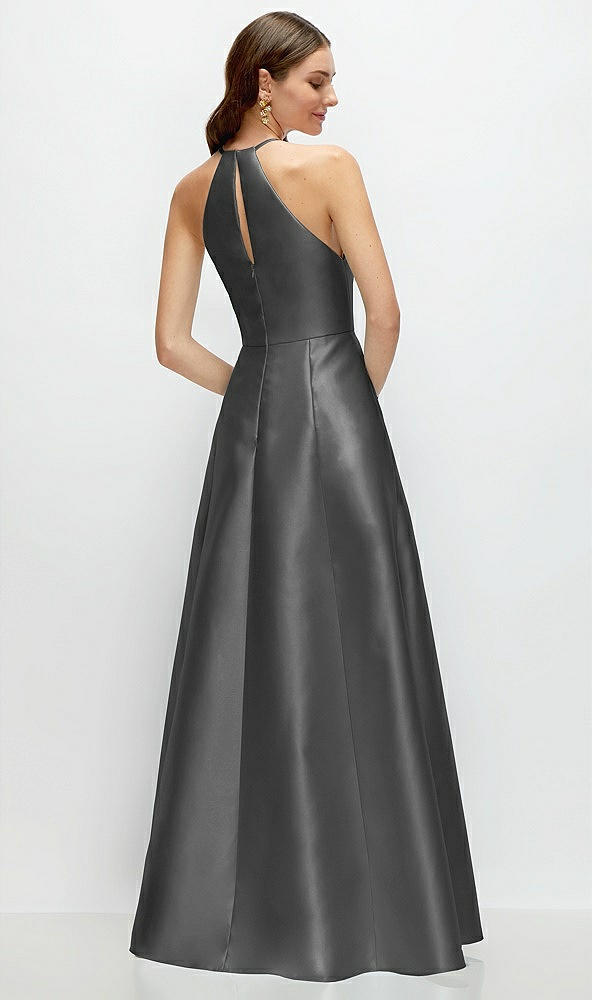 Back View - Gunmetal Jewel Neck Halter Full A-Line Satin Maxi Dress