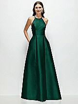 Front View Thumbnail - Hunter Green Jewel Neck Halter Full A-Line Satin Maxi Dress