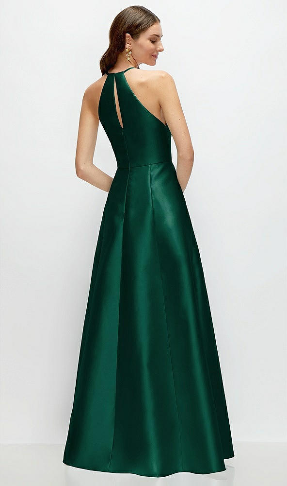 Back View - Hunter Green Jewel Neck Halter Full A-Line Satin Maxi Dress