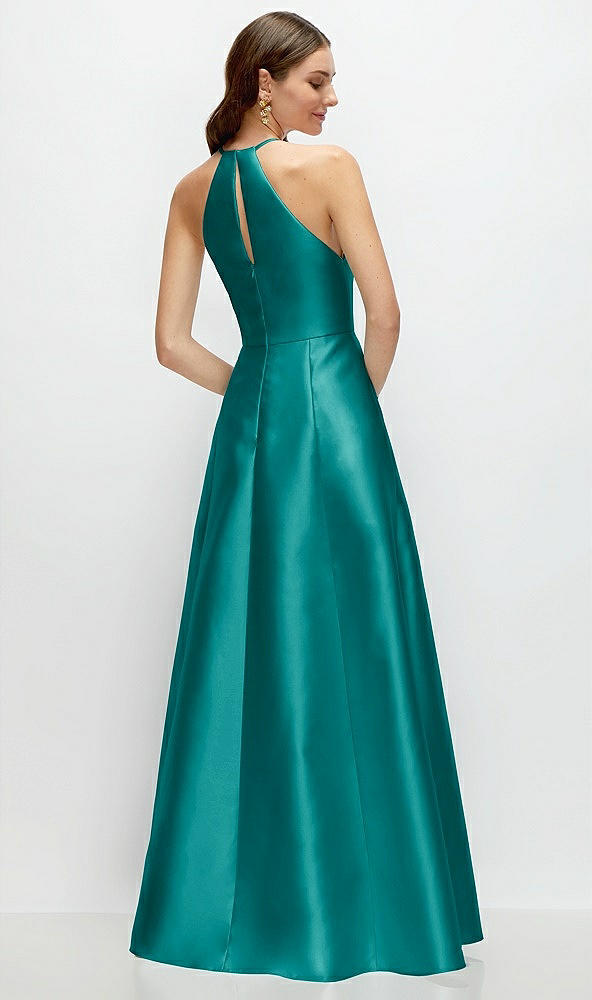 Back View - Jade Jewel Neck Halter Full A-Line Satin Maxi Dress