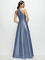 Rear View Thumbnail - Larkspur Blue Jewel Neck Halter Full A-Line Satin Maxi Dress