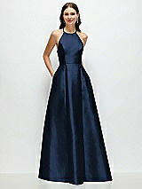 Front View Thumbnail - Midnight Navy Jewel Neck Halter Full A-Line Satin Maxi Dress