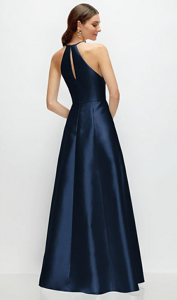 Back View - Midnight Navy Jewel Neck Halter Full A-Line Satin Maxi Dress