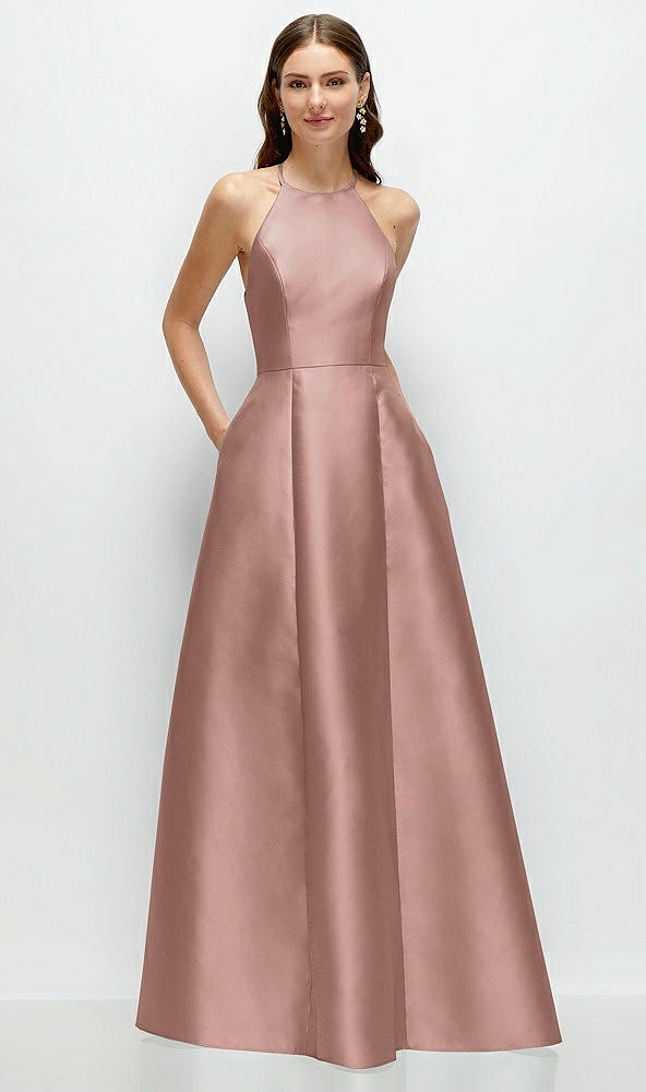 Front View - Neu Nude Jewel Neck Halter Full A-Line Satin Maxi Dress