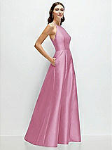 Side View Thumbnail - Powder Pink Jewel Neck Halter Full A-Line Satin Maxi Dress