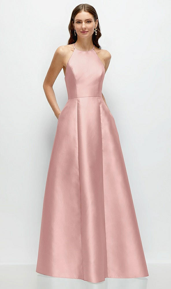 Front View - Rose - PANTONE Rose Quartz Jewel Neck Halter Full A-Line Satin Maxi Dress