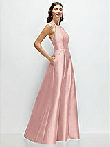 Side View Thumbnail - Rose - PANTONE Rose Quartz Jewel Neck Halter Full A-Line Satin Maxi Dress