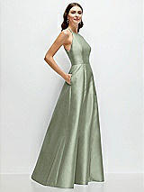 Side View Thumbnail - Sage Jewel Neck Halter Full A-Line Satin Maxi Dress