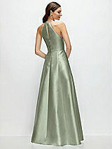 Rear View Thumbnail - Sage Jewel Neck Halter Full A-Line Satin Maxi Dress