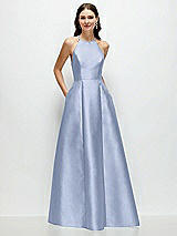 Front View Thumbnail - Sky Blue Jewel Neck Halter Full A-Line Satin Maxi Dress